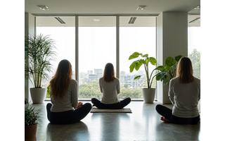 Grupo de empleados relajándose en un espacio de oficina moderno, indicando bienestar y menos estrés.