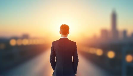Profesional joven mirando hacia un horizonte de oportunidades, simbolizando guía de carrera y nuevos caminos.
