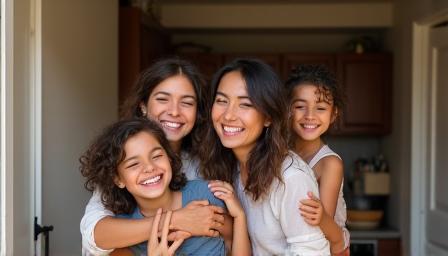 Familia riendo y abrazándose, representando armonía y conexión.