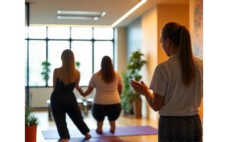 Espacio de oficina luminoso con personas practicando mindfulnes o yoga, representando wellness corporativo.
